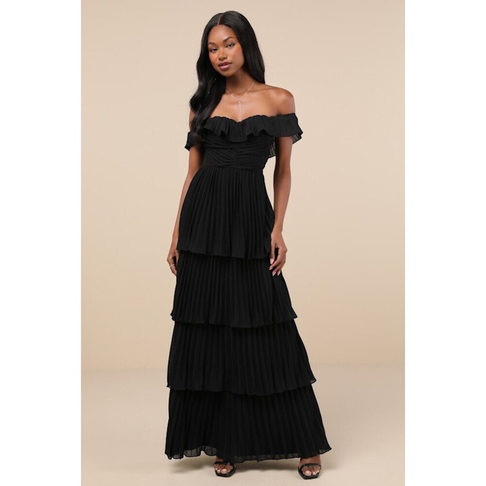 Lulus Always Remarkable Black Pleated Off-the-shoulder Maxi Dress - Size L
